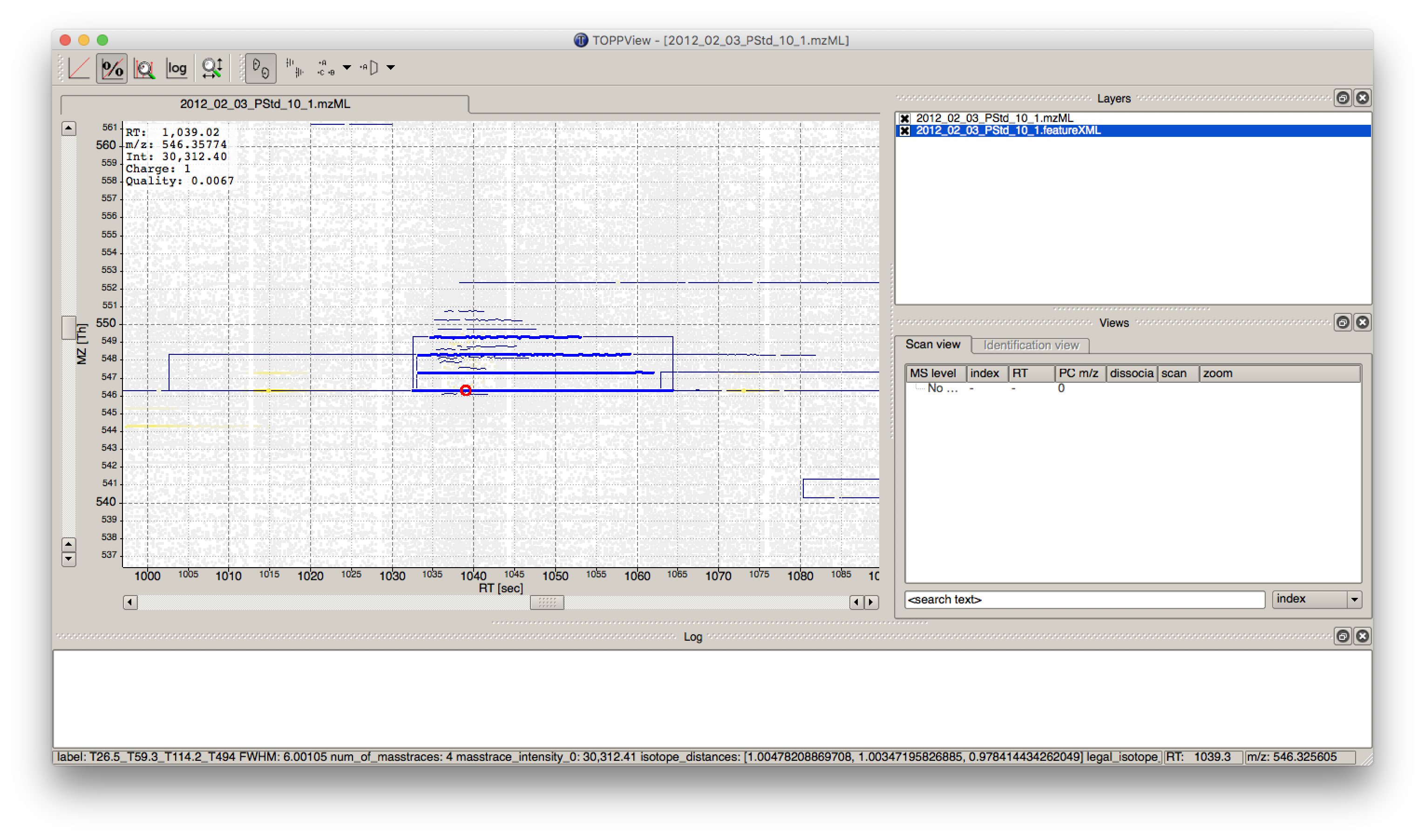 Zoom of the overlay of the .mzML with the .featureXML layer