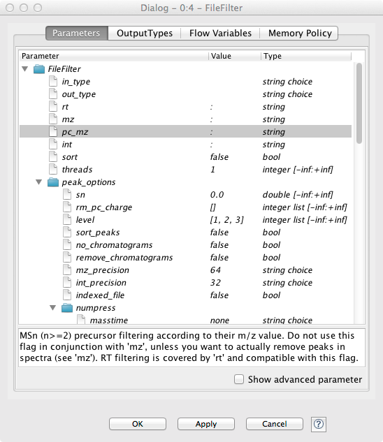 Node configuration dialog of an OpenMS node